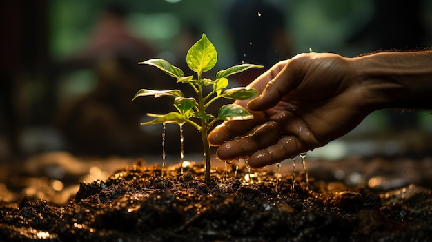 Human hand showing soil with a plant