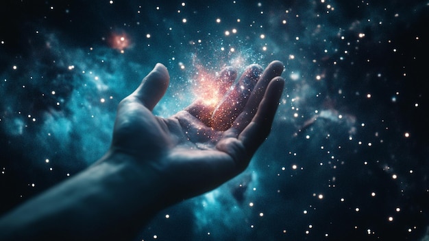 Human Hand in Space Gently Holding a Glowing Object Representing Cosmic Wonders and Human Exploration