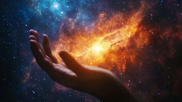 A Human Hand in Space Gently Holding a Glowing Object Symbolizing Exploration and Discovery