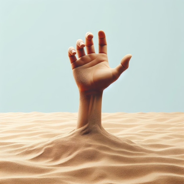 A human hand sticking out of the sand on a clean background