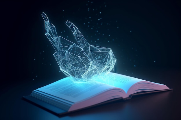 Human hand touching on a book Low poly wireframe online education blue background or concept with o