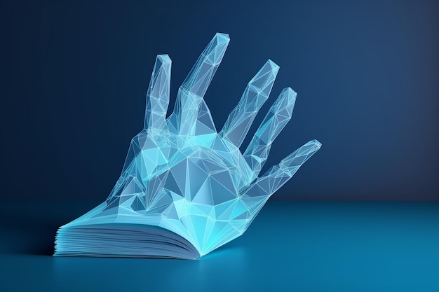 Human hand touching on a book Low poly wireframe online education blue background or concept with o