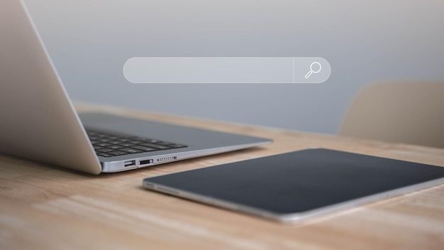 Photo human hand touching search bar for to search data or information by internet connection network