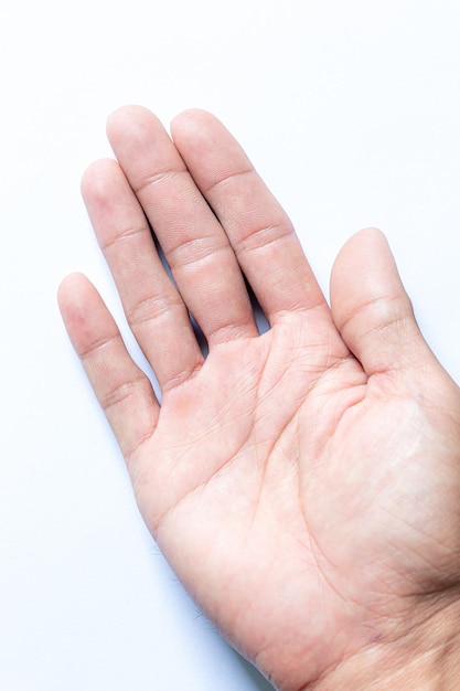 human hand on a white background,woman raising hand with open palm isolated on white background