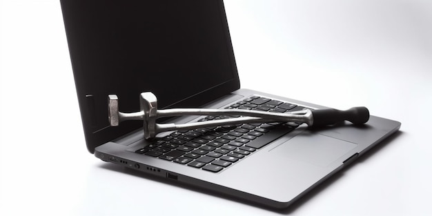 The human hand with black wrench stick out of a laptop screen Concept of technical support