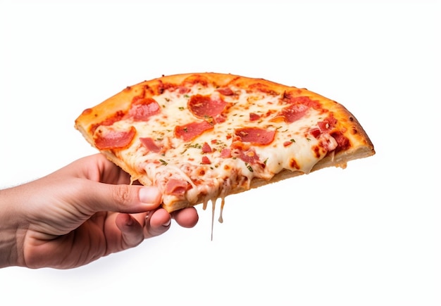 human hand with pizza slice delicious on white background