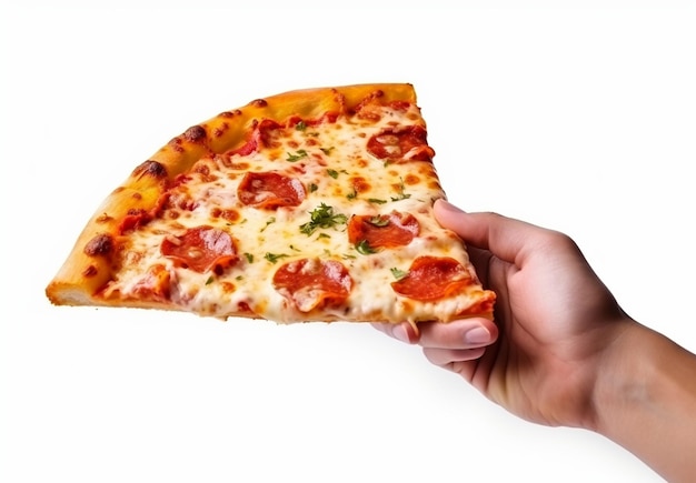 human hand with pizza slice delicious on white background