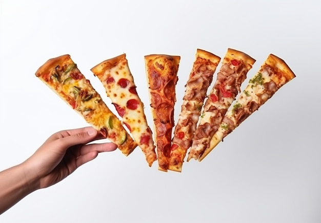 human hand with pizza slice delicious on white background