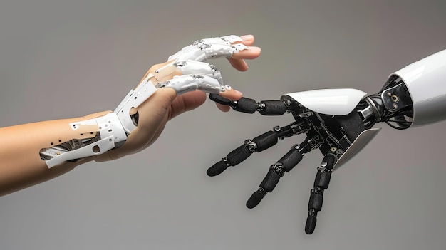 A human hand with a prosthetic reaches towards a robotic hand