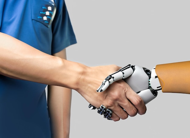 Human hand with robot hand shake with generative AI