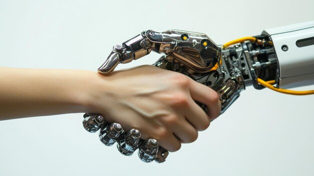 a human hand with a robotic arm that says  hands