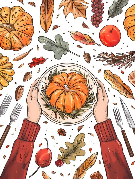 Human Hands Arranging Festive Thanksgiving Table Setting with Copy Space 3D Flat Icon