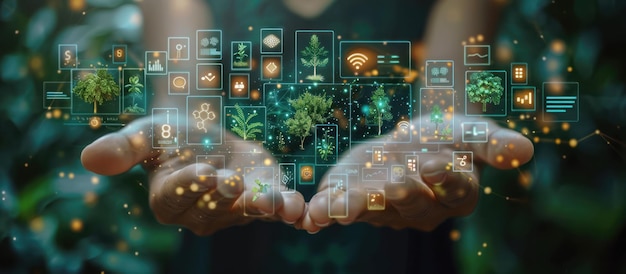 Photo human hands holding digital holographic interface with green plants