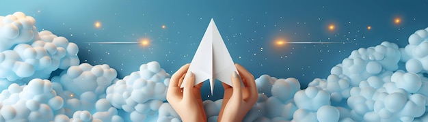 Human Hands Holding Paper Airplane Against Blue Sky 3D Flat Icon for Freedom Creativity and Drea