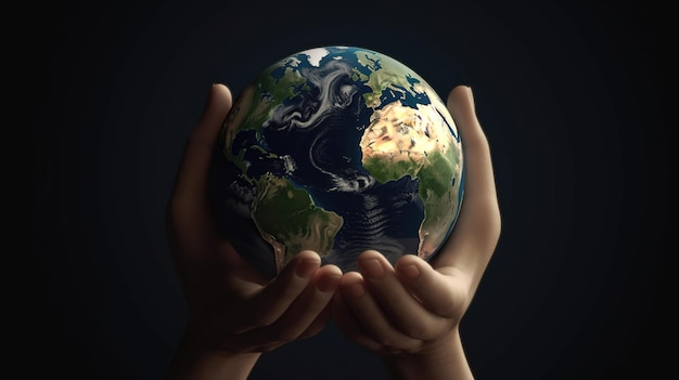 Human hands holding a small globe with plants growing out of it