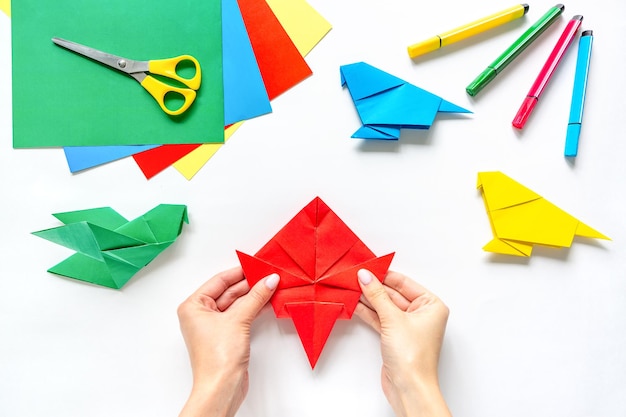 Photo human hands make origami from paper on a white background. children's creativity. back to school