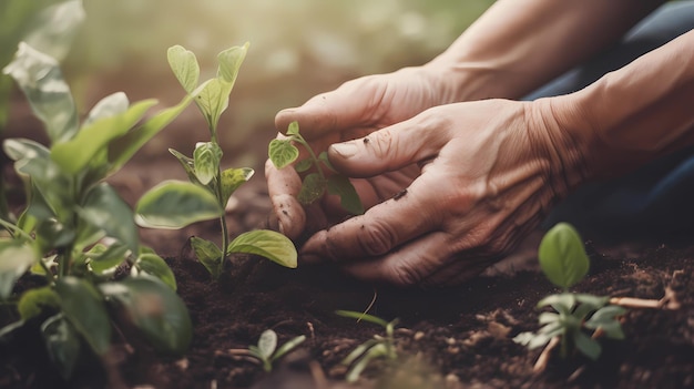 Human hands taking care of plants that are growing concept of awareness and about earth day care for nature ai generative