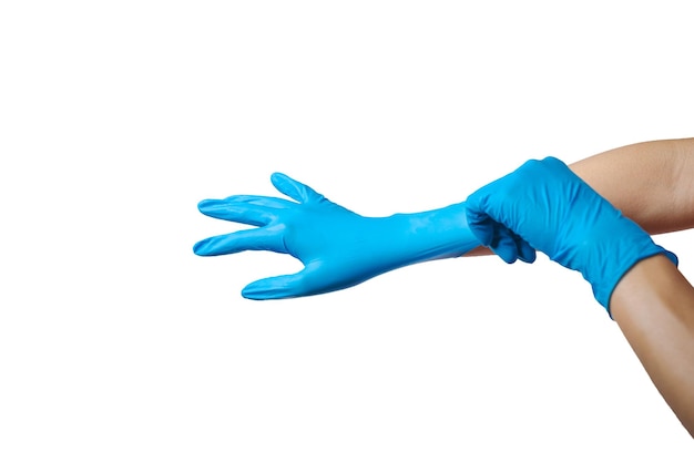 Human hands wearing Variation of latex glove medical rubber glove isolated on white background