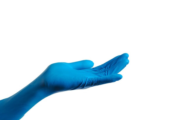 Human hands wearing Variation of latex glove medical rubber glove isolated on white background