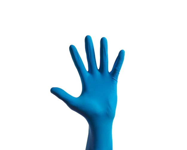 Human hands wearing Variation of latex glove medical rubber glove isolated on white background