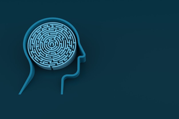 Human Head and Inside a Maze with Blue Background. 3d Rendering