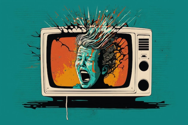 Human head inside a television on colorful background Crazy concept Generative AI