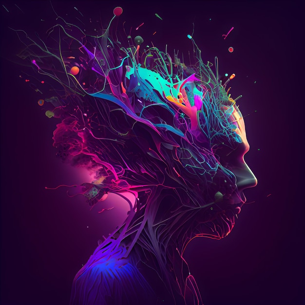 Human head made of colorful paint splashes on dark background illustration