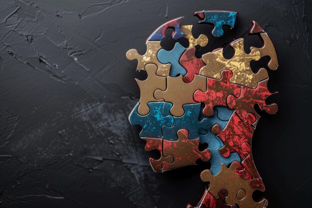 Photo human head profile with jigsaw puzzle pieces for cognitive psychology and psychotherapy