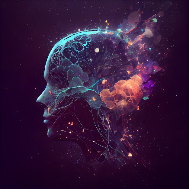 Human head with brain and colorful glowing particles on dark background 3d rendering