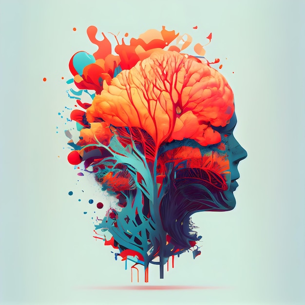 Human head with brain made of colorful splashes illustration