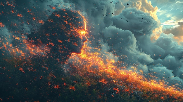 a human head with a fire burning in the background