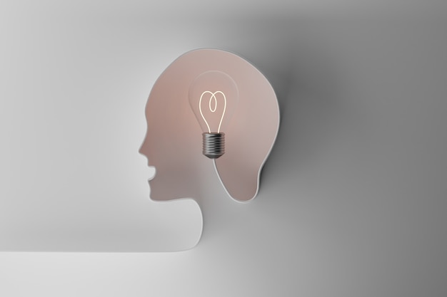 Human head with light bulb. creative, idea and  imagination concept, 3d illustration