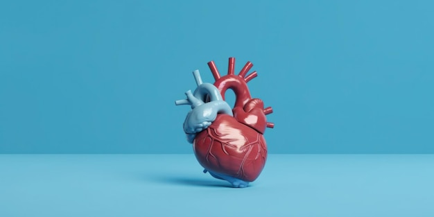 Human heart anatomical model on blue background 3D illustration