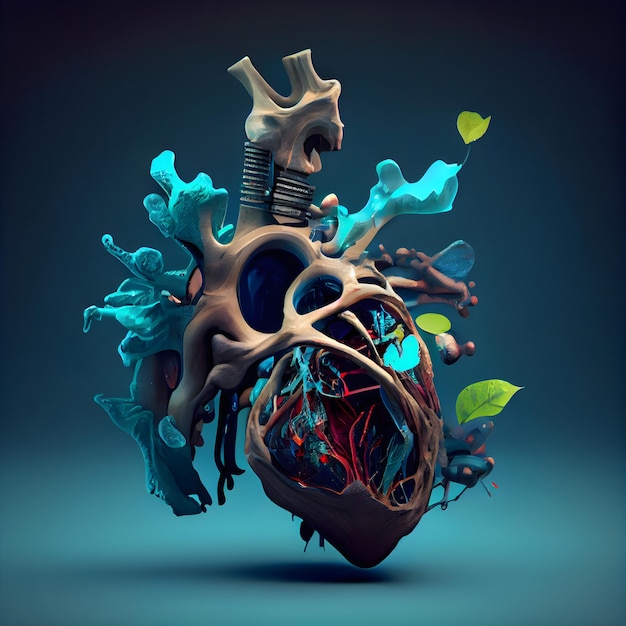 Human heart anatomy 3d render on blue background with copy space