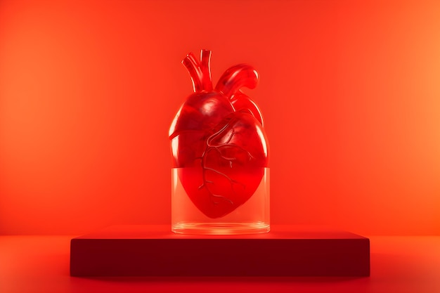 a human heart in a glass bowl on red background