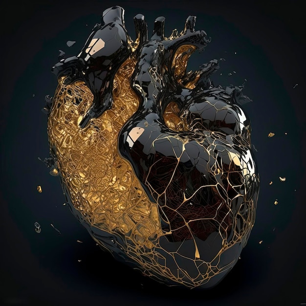 Human heart made of black onyx, golden highlights