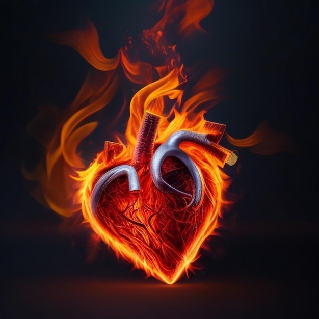 Photo human heart on red fire