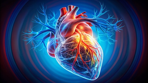 a human heart with a blue background and a cross section of the heart