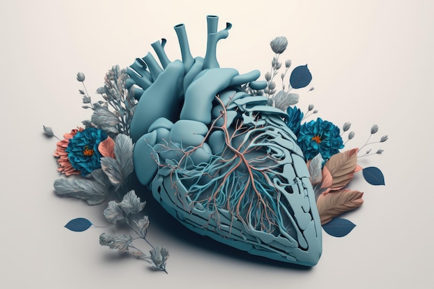 Human heart with flowers broken blue lying on light background