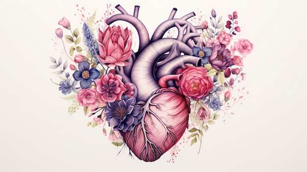 Human heart with flowers and leaves on white background Colored creative illustration Visual for design of medical