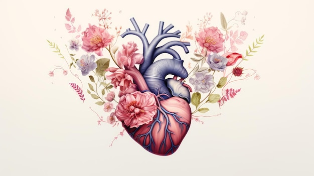 Human heart with flowers and leaves on white background Colored creative illustration Visual for design of medical