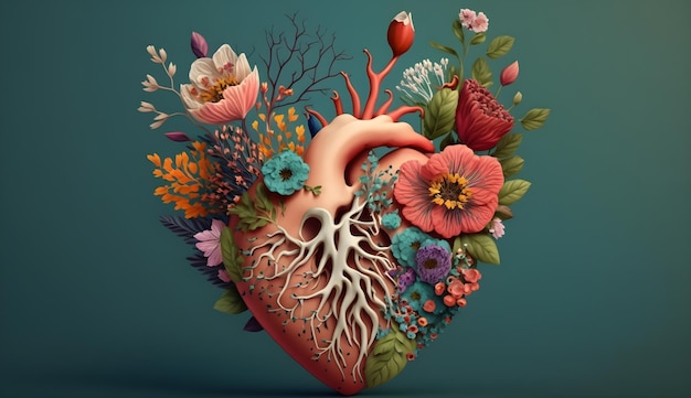 Human heart with flowers tree mental health concept illustration generative ai