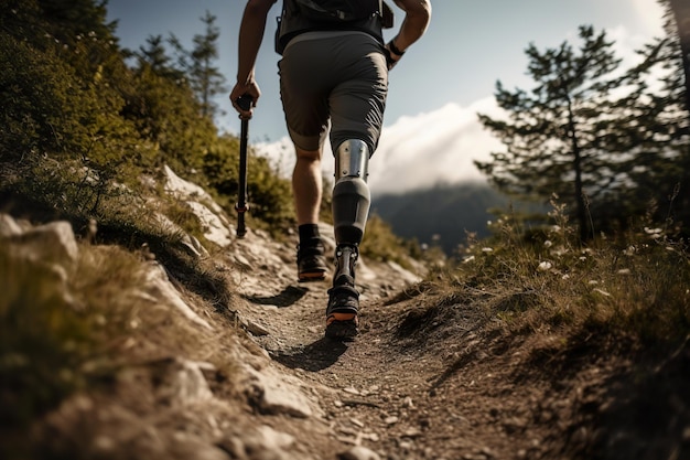 A human hiking in innovative technological prostheses with shock absorption generative ai