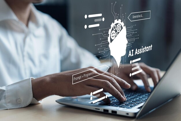 Photo human interact with ai artificial intelligence brain process generative ai faas