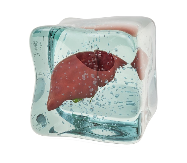 Human liver frozen in ice cube 3D rendering