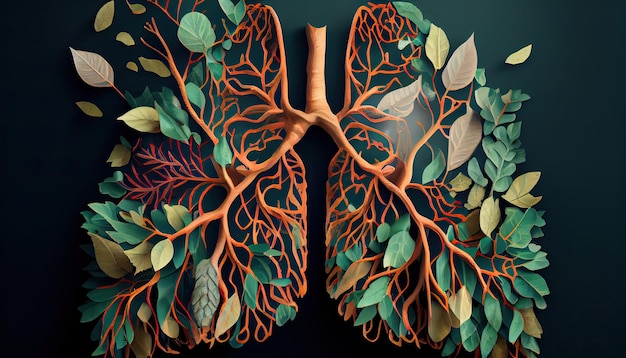 Human lungs are made from tree branches with leaves concept of Organic Form and Metaphor Earth Day the importance of loving nature