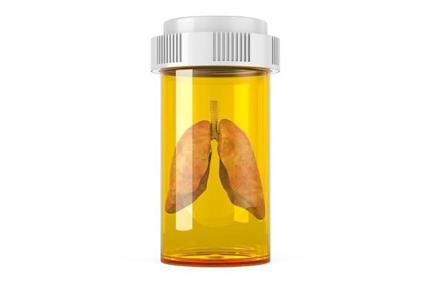 Human lungs inside medical bottle from pills Lungs and drugs concept 3D rendering