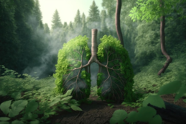 Human lungs made with fresh green plant leaves and herbs in forest Generative AI