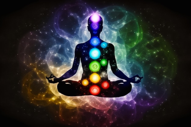 human meditating to activate all seven chakras isolated universe background