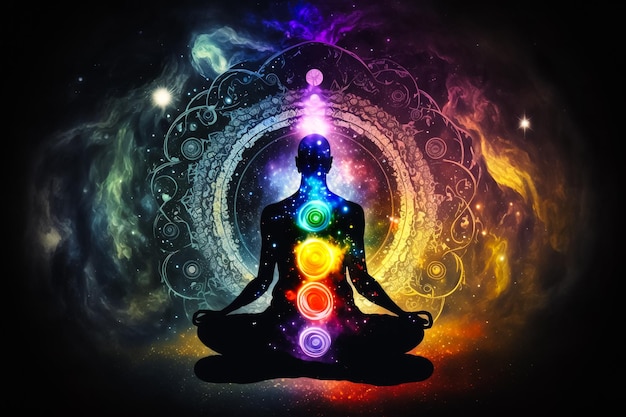 human meditating with activated all seven chakras isolated universe background